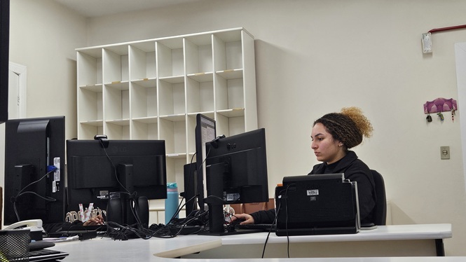 Foto horizontal: servidora trabalha diante de monitores em escritório, com estante de documentos vazia ao fundo.