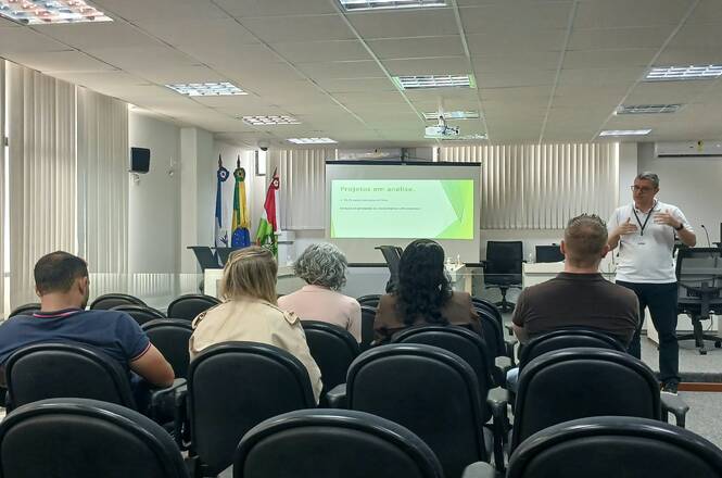 Foto horizontal: palestrante apresenta conteúdo sobre projetos em análise para participantes reunidos em auditório, com tela de projeção e bandeiras ao fundo.