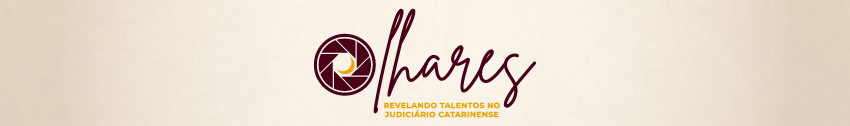 A primeira letra da palavra Olhares é um círculo semelhante a lente de uma máquina fotográfica. Ao lado o texto: Olhares - Revelando talentos no judiciário catarinense