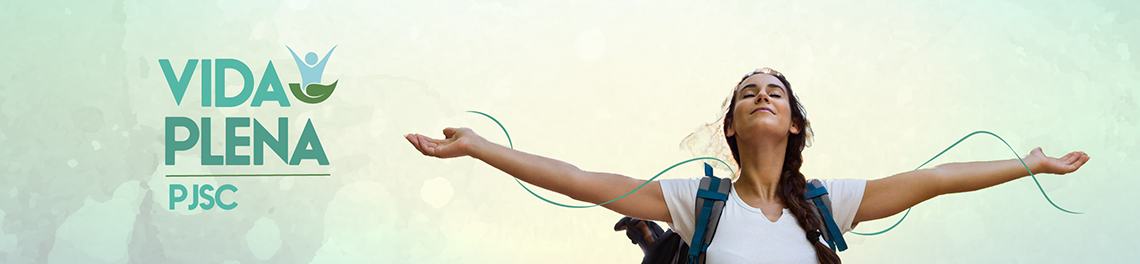 Banner com fundo verde claro, logo do Vida Plena à esquerda e imagem de uma mulher com braços aberto no centro
