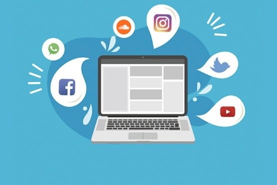 Arte visual com logo de redes sociais.