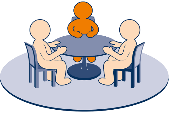 Arte gráfica de pessoas em reunião.