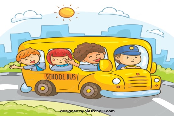 Ilustração crianças em ônibus escolar.