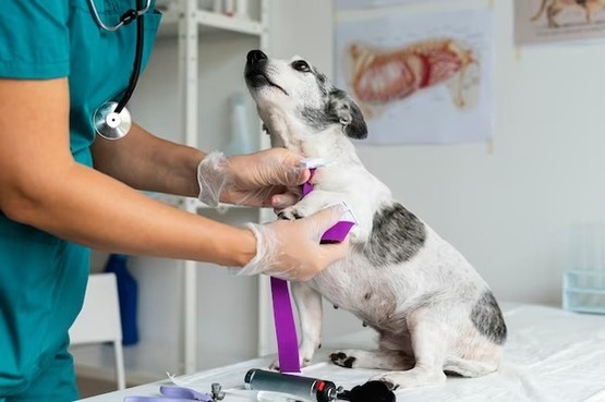 Veterinário atendendo cachorro.