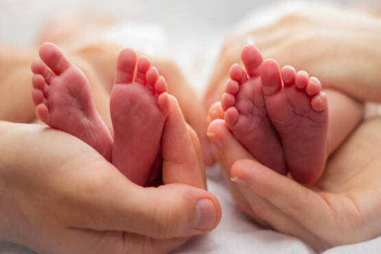 Pés de bebês apoiados em mãos de adultos.