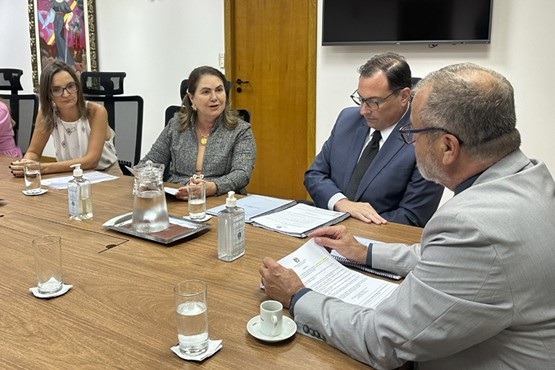 Foto horizontal: reunião em mesa; ao lado da desembargadora Hildemar Meneguzzi, autoridades analisam documentos, tons neutros.