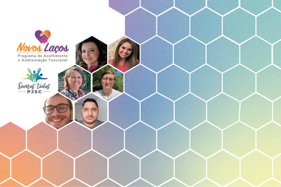 A imagem é um banner promocional com a escrita “novos laços” e informações adicionais. A arte tem um desenho como uma colméia nas cores verde, azul, roxa e laranja, em algum dos hexágonos da colmeia tem fotos de pessoas.
