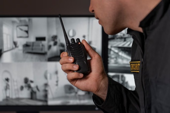 Segurança assistindo imagens de câmeras de segurança em uma casa enquanto fala em um walkie-talkie