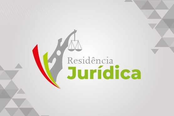 Arte gráfica da Residência Jurídica com detalhes em verde e vermelho
