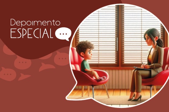 Arte gráfica em que uma mulher e um menino, em cartoon, estão sentados um de frente para o outro dentro de um balão de conversa. Ao lado esquerdo, está escrito “Depoimento ESPECIAL” com um elemento gráfico de balão de conversa com três pontos dentro ao final da frase. O fundo é de tons de marrom e balões de conversa.