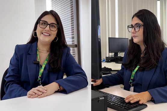 Montagem feita entre duas fotos de uma mesma mulher. Na foto à esquerda, a mulher está posando para a foto e, na imagem à direita, ela está mexendo no computador.