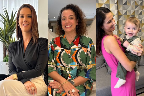 Foto de três mulheres e uma delas está com uma criança, de aproximadamente um ano, no colo.