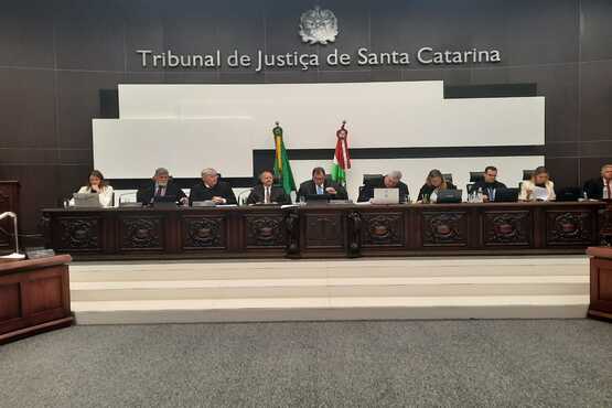 Mesa composta com 7 homens e 3 mulheres  Diante de uma mesa larga que comporta a todos da banca. Atrás possui algumas bandeiras no mastro.