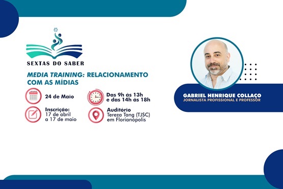Arte gráfica de divulgação da próxima edição do programa “Sextas do Saber” intitulada “Relacionamento com as Mídias", No lado superior esquerdo da imagem está o nome do evento nas cores azul e verde, em baixo estão as informações sobre dia, local, hora e como fazer para participar. No lado direito, está a foto do convidado e o nome. Na borda da imagem estão círculos e retângulos de diversos tons de azul.
