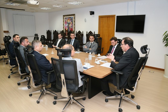 Grupo de nove homens estão sentados em cadeiras ao redor de uma mesa retangular e comprida, sobre ela estão algumas folhas de papel, copos de água e alguns pertences pessoais de cada um.