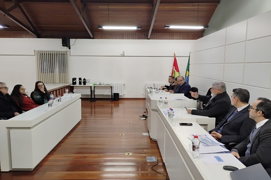 A imagem mostra uma sala de reuniões com duas mesas longas e brancas. Há várias pessoas sentadas ao redor da mesa, aparentemente participando de uma reunião ou conferência. A maioria das pessoas está vestida formalmente, com ternos e roupas sociais. No fundo da sala, há uma bandeira do Brasil e outra bandeira de Santa Catarina. O chão é de madeira e as paredes são brancas. A iluminação é feita por lâmpadas no teto.