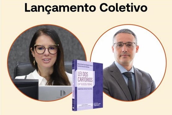 A imagem mostra um anúncio de "Lançamento Coletivo". Há duas fotos circulares, uma acima da outra. A foto superior mostra uma mulher de óculos, cabelo castanho e liso, falando em um microfone. A foto inferior mostra um homem de terno e gravata, também de óculos, olhando para a câmera. Entre as duas fotos, há a imagem de um livro roxo e branco intitulado "Leis dos Cartórios".