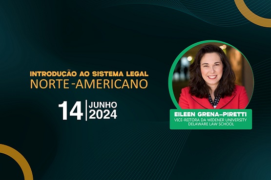 A imagem é um cartaz de divulgação de um evento. No lado esquerdo, há um texto em amarelo e branco que diz: "introdução ao sistema legal norte-americano 14 junho 2024". No lado direito, há uma foto de uma mulher sorridente com cabelos castanhos, vestindo um blazer vermelho.