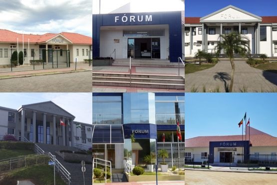 A imagem mostra uma colagem de várias fotos de diferentes prédios de fóruns. Cada foto apresenta um edifício com a palavra "FÓRUM" visível em algum lugar da fachada. Os prédios têm estilos arquitetônicos variados, mas todos parecem ser edifícios públicos. Alguns têm bandeiras na frente, e outros têm entradas com colunas ou estruturas modernas de vidro. A colagem está disposta em duas linhas, com três fotos na linha superior e três na linha inferior.