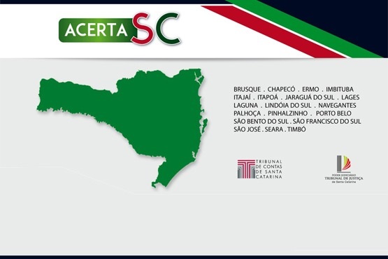 A imagem mostra um documento digital com informações sobre um evento relacionado ao ACERTA SC. O texto está em uma orientação horizontal, então você pode precisar girar a cabeça ou o dispositivo para ler corretamente. Aqui está a descrição do conteúdo: No lado esquerdo, há um mapa verde do estado de Santa Catarina. Ao lado do mapa, há uma faixa vertical com as cores verde, branco e vermelho, e o texto "ACERTA SC" em branco sobre um fundo verde. Abaixo do mapa, há uma lista de cidades: Brusque, Chapecó, Ermo, Imbituba, Itajaí, Joinville, Lages, Laguna, Jaraguá do Sul, Palhoça, Pindamonhangaba, Rio do Sul, São Bento do Sul, São Francisco do Sul, São José, Seara, Timbó.