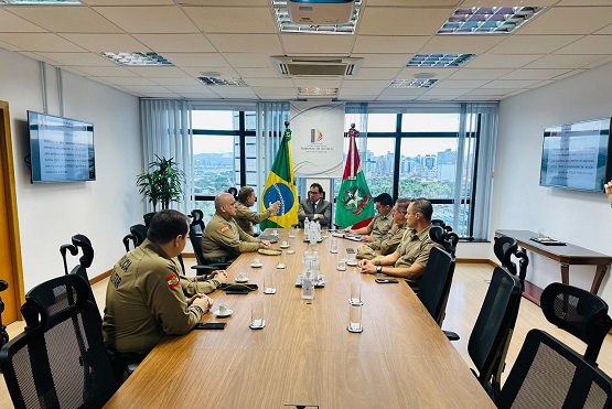 A imagem mostra uma reunião em uma sala de conferências. Há várias pessoas sentadas ao redor de uma mesa retangular de madeira clara. As pessoas estão vestidas com uniformes militares, sugerindo que são membros de alguma força de segurança ou defesa.   No fundo da sala, há duas bandeiras: a bandeira do Brasil e outra bandeira que parece ser de um estado ou instituição. A sala tem janelas grandes que permitem a entrada de luz natural, e há uma planta em um vaso próximo às janelas. Na parede, há uma televisão ou monitor.