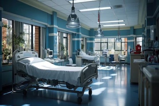 A imagem mostra um quarto de hospital moderno e bem iluminado. Há várias camas hospitalares com lençóis brancos, cada uma equipada com grades laterais e rodas. As camas estão dispostas em fileiras, com espaço suficiente entre elas para permitir a movimentação de equipamentos médicos e pessoal. O ambiente é predominantemente azul, com paredes e piso nessa cor, o que dá uma sensação de tranquilidade. Há grandes janelas que permitem a entrada de luz natural, e algumas plantas estão posicionadas perto das janelas, adicionando um toque de natureza ao ambiente. No teto, há luminárias pendentes que fornecem iluminação adicional. Ao fundo, é possível ver alguns equipamentos médicos e móveis, como cadeiras e mesas, que são típicos de um ambiente hospitalar.