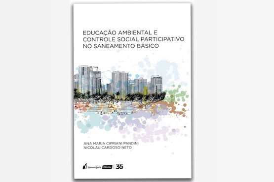 A imagem mostra a capa de um livro ou relatório. A capa tem uma ilustração de uma cidade com prédios altos no topo, e abaixo há manchas de cores variadas, como roxo, verde, marrom e azul, que parecem representar água ou natureza. O título do documento está escrito na vertical e diz: "Educação Ambiental e Controle Social Participativo no Saneamento Básico". Abaixo do título, estão os nomes dos autores: Ana Maria Orofino Vendramin e Nicolau Cipriano Neto. No canto inferior esquerdo, há logotipos de instituições ou patrocinadores, incluindo o logotipo da FURB (Universidade Regional de Blumenau).