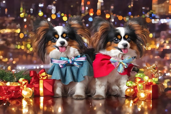 A imagem mostra dois cachorros pequenos, da raça Shih Tzu, vestidos com roupas festivas de Natal. O cachorro à esquerda está usando um vestido azul com um laço colorido no pescoço, enquanto o cachorro à direita está usando um suéter vermelho com um laço azul. Ambos estão sentados em frente a uma decoração natalina, com presentes embrulhados em papel vermelho e dourado ao fundo, além de luzes brilhantes que criam um ambiente festivo.