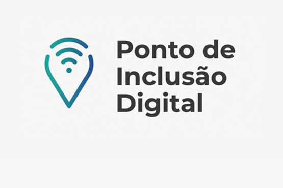 A imagem contém um texto e um logotipo. O texto principal está escrito na vertical e diz "Ponto de Inclusão Digital". Ao lado do texto, há um logotipo que parece uma gota de água estilizada com linhas curvas dentro, sugerindo um sinal de Wi-Fi.