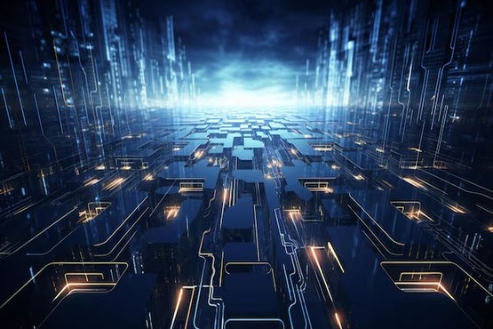 A imagem mostra um cenário futurista com um design que lembra um circuito eletrônico ou uma cidade digital. Há várias linhas e formas geométricas que se assemelham a circuitos, com luzes brilhantes em tons de azul e alguns detalhes em amarelo. A imagem parece representar uma rede de dados ou uma infraestrutura tecnológica avançada.