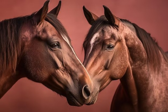 A imagem mostra dois cavalos marrons de frente um para o outro, com suas cabeças próximas, quase se tocando. Ambos têm pelagem marrom brilhante e olhos expressivos. O cavalo à esquerda tem uma pequena mancha branca na testa, enquanto o cavalo à direita tem uma faixa branca mais longa que vai do topo da cabeça até o focinho. O fundo da imagem é de uma cor sólida, avermelhada, que destaca ainda mais os cavalos.