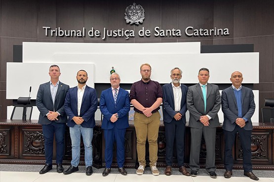 A imagem mostra um grupo de oito homens posando para uma foto em frente a um painel que diz "Tribunal de Justiça de Santa Catarina". Eles estão em duas fileiras, com quatro homens na frente e quatro atrás. Todos estão vestidos formalmente, usando ternos e gravatas.