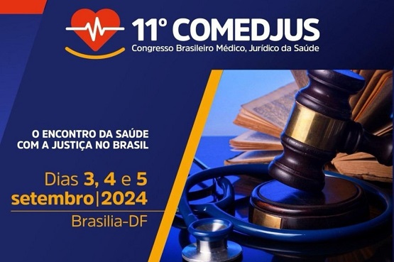 A imagem é um banner promocional do 11º COMEDJUS, que é o Congresso Brasileiro Médico, Jurídico da Saúde. No canto superior esquerdo, há um ícone de um coração vermelho com um eletrocardiograma branco no meio e um sorriso amarelo abaixo. Ao lado do ícone, está escrito "11º COMEDJUS" em letras brancas, seguido de "Congresso Brasileiro Médico, Jurídico da Saúde" em letras menores. Abaixo, há um texto em branco que diz "O ENCONTRO DA SAÚDE COM A JUSTIÇA NO BRASIL". Em seguida, há informações sobre as datas e o local do evento: "Dias 3, 4 e 5 setembro 2024" em que "3, 4 e 5 setembro 2024" está em amarelo negrito. Abaixo disso, está escrito "Brasília-DF" em amarelo sem negrito. No lado direito da imagem, há uma foto de um martelo de juiz sobre um livro, com um estetoscópio azul ao lado, simbolizando a interseção entre a saúde e a justiça.
