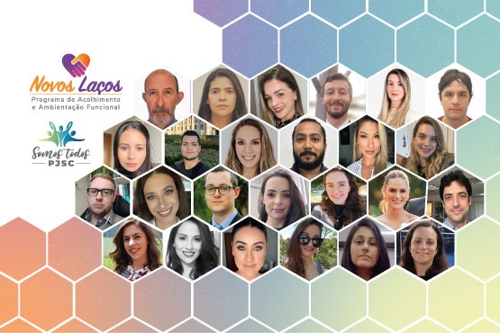 A imagem mostra uma colagem de fotos de várias pessoas, dispostas em hexágonos que se interligam, formando um padrão de colmeia. As fotos são de rostos de homens e mulheres, e cada hexágono contém uma pessoa diferente. No canto superior direito, há dois logotipos. O primeiro é do "Poder Judiciário de Santa Catarina" e o segundo é do projeto "Novos Laços".