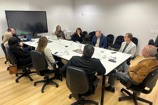 A imagem mostra uma reunião de trabalho em uma sala de conferências. Há dez pessoas sentadas ao redor de uma mesa retangular branca. A maioria das pessoas está vestida formalmente, com ternos e roupas de trabalho. Na mesa, há laptops, papéis, xícaras de café e garrafas de água. No fundo da sala, há uma grande tela de televisão ou monitor. O chão é de madeira clara e as paredes são brancas, dando um aspecto limpo e profissional ao ambiente.