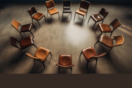 A imagem mostra um círculo formado por doze cadeiras de diferentes tons de marrom, dispostas em um ambiente interno com piso de concreto. As cadeiras têm um design simples e moderno, com assentos e encostos acolchoados. A iluminação é suave, criando um ambiente acolhedor e convidativo.