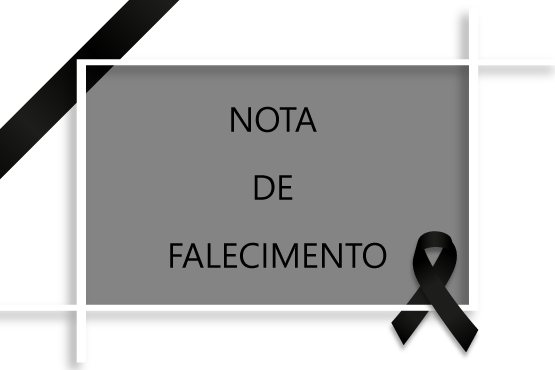 A imagem é um anúncio de falecimento. No centro, há um retângulo cinza com as palavras "NOTA DE FALECIMENTO" escritas em preto. No canto inferior direito do retângulo, há um laço preto, que é um símbolo de luto. No canto superior esquerdo da imagem, há uma faixa preta diagonal.