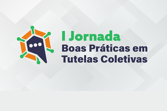 A imagem é um cartaz de divulgação de um evento chamado "I Jornada Boas Práticas em Tutelas Coletivas". À esquerda, há um logotipo que parece ser uma combinação de um balão de fala estilizado em azul escuro com três pontos brancos no centro, cercado por um hexágono laranja com linhas verdes que se estendem para fora, terminando em pequenos círculos verdes. O texto "I Jornada" está em verde, enquanto "Boas Práticas em Tutelas Coletivas" está em azul escuro. O fundo é composto por formas geométricas em tons claros de cinza.