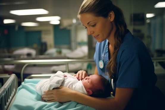 A imagem mostra uma enfermeira em um ambiente hospitalar, provavelmente uma maternidade, cuidando de um recém-nascido. A enfermeira está vestindo um uniforme azul e tem cabelos loiros presos em um rabo de cavalo. Ela está olhando para o bebê com um sorriso gentil enquanto o segura em um berço. O bebê está enrolado em um cobertor branco e parece estar dormindo. O ambiente ao redor é iluminado e há outros berços ao fundo, sugerindo que é uma sala de cuidados para recém-nascidos.