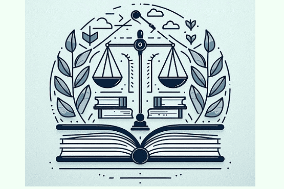 A imagem mostra uma ilustração estilizada de um livro aberto, com páginas visíveis. Acima do livro, há uma balança de justiça, simbolizando o equilíbrio e a justiça. Ao redor, há elementos decorativos como folhas e corações. A imagem parece estar relacionada a temas jurídicos ou educacionais.
