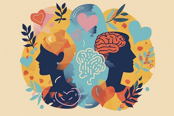 A imagem é uma ilustração artística que mostra duas silhuetas de perfis de cabeças humanas, uma de costas para a outra. A silhueta à esquerda é de uma mulher, com cabelo laranja, e a silhueta à direita é de um homem, com um cérebro na cabeça. No centro, entre as duas cabeças, há uma representação de um cérebro, metade em cada cabeça, simbolizando a conexão entre a mente e a emoção. O fundo é colorido com tons de amarelo, azul e laranja, e há vários elementos decorativos como corações, folhas e formas abstratas espalhadas pela imagem, sugerindo um tema de equilíbrio entre razão e emoção.