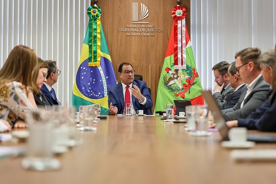 A imagem mostra uma reunião formal em uma sala de conferências. No centro da imagem, há um homem de terno e gravata vermelha, sentado à mesa, falando ou gesticulando. Atrás dele, estão as bandeiras do Brasil e de Santa Catarina. Ao redor da mesa, há várias pessoas sentadas, algumas de perfil, vestidas formalmente, prestando atenção na reunião. A mesa está coberta com copos de água e outros itens de reunião. A parede ao fundo tem um painel de madeira com o logotipo e o nome de uma instituição, que parece ser relacionada ao judiciário.