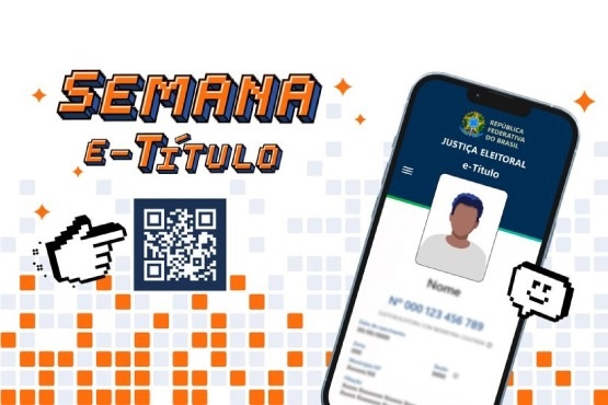 A imagem é um banner promocional da "Semana e-Título". À esquerda, há um texto em estilo pixel art que diz "SEMANA e-Título". Abaixo do texto, há um código QR em um fundo azul escuro, com uma mão em estilo pixel apontando para ele. À direita, há a imagem de um smartphone exibindo a tela de um aplicativo chamado "e-Título", da Justiça Eleitoral. Na tela do aplicativo, há uma ilustração de um avatar de pessoa, um nome genérico e um número de título de eleitor fictício. O fundo da imagem tem um padrão de quadrados em tons de laranja e azul claro, também em estilo pixel art.