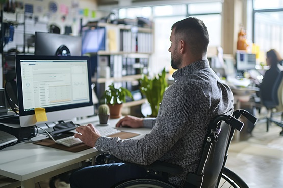 A imagem mostra um homem em uma cadeira de rodas trabalhando em um escritório. Ele está sentado em frente a uma mesa, usando um computador desktop. Na tela do computador, há gráficos e tabelas, sugerindo que ele está analisando dados. O ambiente ao redor é um escritório moderno, com prateleiras ao fundo cheias de pastas e documentos. Há também algumas plantas sobre a mesa, adicionando um toque de verde ao espaço. A iluminação é natural, vinda de grandes janelas ao fundo. O homem está vestindo uma camisa social de mangas compridas.