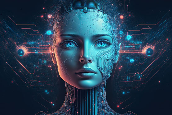 A imagem apresenta um retrato futurista e altamente detalhado de um rosto feminino que parece ser parte humano, parte máquina. A metade esquerda do rosto exibe traços humanos convencionais com uma expressão serena e olhos marcantes. Já a metade direita revela componentes cibernéticos complexos, incluindo circuitos e estruturas metálicas que se assemelham a veias e músculos, misturando-se organicamente com a pele. Acima da cabeça, há elementos que lembram uma espécie de circuito ou placa-mãe, com luzes que piscam em tons de azul e laranja, sugerindo atividade eletrônica. O conjunto da obra transmite uma ideia de avanço tecnológico e integração entre o humano e o digital, explorando o conceito de inteligência artificial e a possibilidade de uma simbiose entre tecnologia e biologia. Esta representação é frequentemente utilizada para discutir temas como a evolução da tecnologia, ética na inteligência artificial, e o futuro da humanidade.