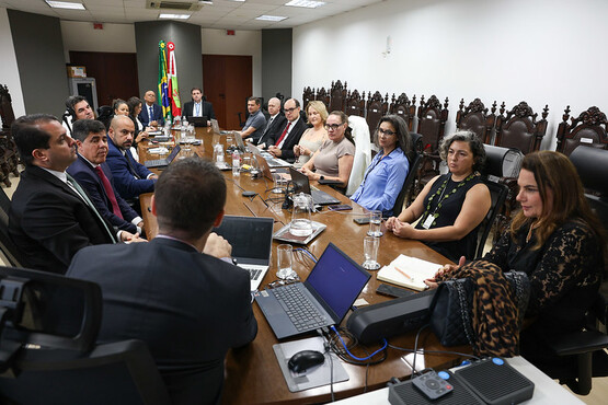A imagem mostra uma reunião em uma sala de conferências. Há cerca de 17 pessoas sentadas ao redor de uma mesa retangular de madeira. A maioria das pessoas está vestida formalmente, com ternos e roupas sociais. Na mesa, há laptops, copos de água e alguns papéis. Ao fundo, há uma bandeira do Brasil e de Santa Catarina. As cadeiras são de madeira escura e têm um design ornamentado. A sala é bem iluminada, com luzes fluorescentes no teto.
