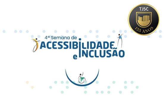 A imagem é um logotipo da "4ª Semana de Acessibilidade e Inclusão". O texto está centralizado e em letras maiúsculas, com a palavra "ACESSIBILIDADE" destacada em azul escuro e a palavra "INCLUSÃO" também em azul escuro. Acima do texto, há uma pequena figura estilizada de uma pessoa em movimento, e abaixo, outra figura de uma pessoa em uma cadeira de rodas. O fundo é branco com pequenos pontos coloridos espalhados, em tons de azul claro e amarelo.