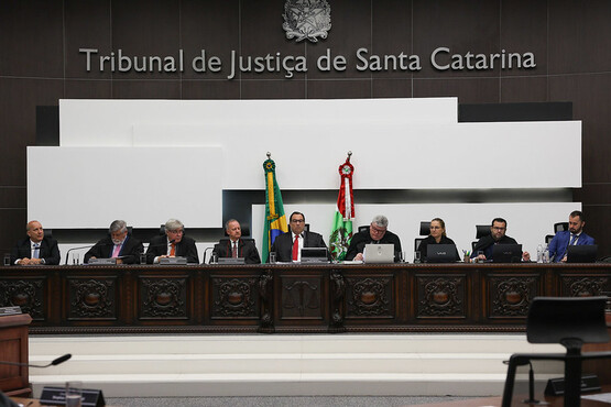 A imagem mostra uma sessão no Tribunal de Justiça de Santa Catarina. Há nove pessoas sentadas atrás de uma mesa grande e ornamentada. Na parede atrás delas, está escrito "Tribunal de Justiça de Santa Catarina" e há um brasão acima do texto. Na mesa, há bandeiras do Brasil e de Santa Catarina. As pessoas parecem estar participando de uma reunião ou audiência, e algumas delas estão usando laptops. O ambiente é formal e parece ser uma sala de tribunal ou uma sala de conferências.