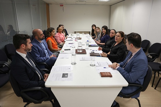 A imagem mostra uma reunião de negócios em um escritório. Várias pessoas estão sentadas ao redor de uma longa mesa retangular, com papéis e garrafas de água diante de cada um. Todos parecem estar engajados em uma discussão séria. O ambiente é formal, com paredes claras e cadeiras de escritório modernas.