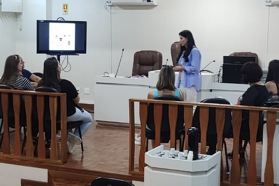 A imagem mostra uma sala que parece ser um tribunal ou uma sala de conferências. Há uma mulher em pé, vestindo uma camisa azul clara, falando para um grupo de pessoas que estão sentadas em cadeiras. As pessoas estão dispostas em semicírculo, prestando atenção na mulher. Ao fundo, há uma mesa com cadeiras grandes, microfones e um computador. Na parede à esquerda, há uma tela de televisão que exibe uma apresentação com algumas imagens, mas os detalhes não são claros. A sala tem um piso de madeira e uma divisória de madeira separando a área onde as pessoas estão sentadas da área onde a mulher está em pé.